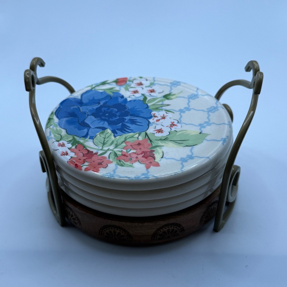 Pioneer Woman Floral Ceramic Coasters Set of 4 with Wood and Metal Holder Caddy